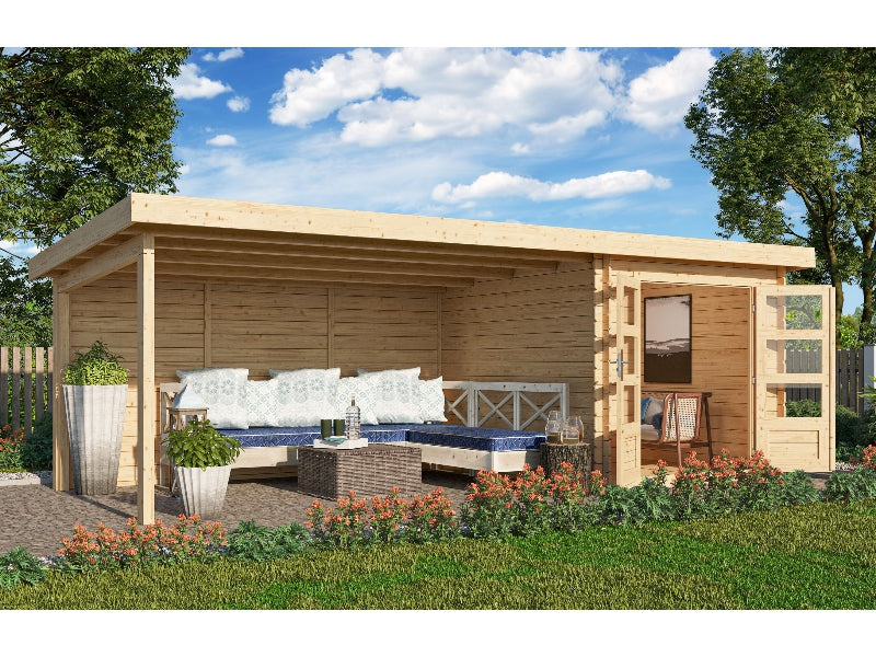 Karibu Gartenhaus Bastrup 4 mit Anbaudach 4 Meter inkl. Rückwand