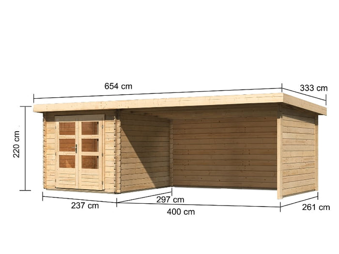 Karibu Gartenhaus Bastrup 4 mit Anbaudach 4 Meter inkl. Rück- und Seitenwand