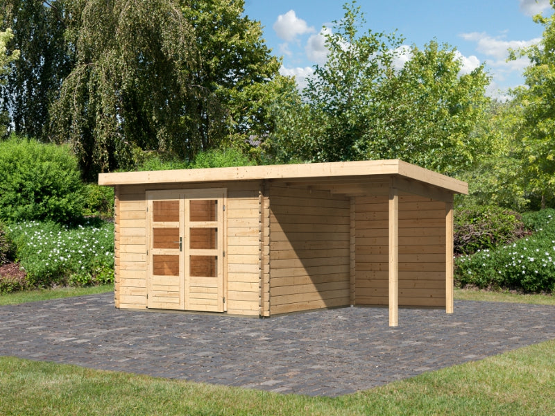 Karibu Gartenhaus Bastrup 5 mit Anbaudach 2 Meter inkl. Rückwand