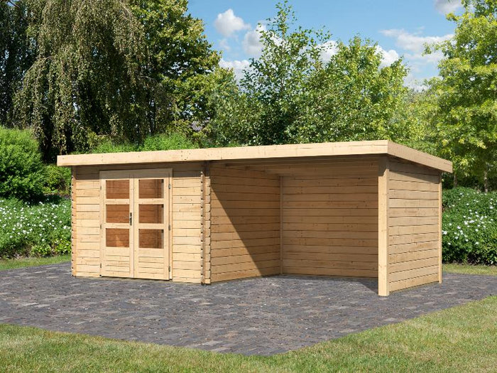 Karibu Gartenhaus Bastrup 5 mit Anbaudach 3 Meter sowie Seiten- und Rückwand