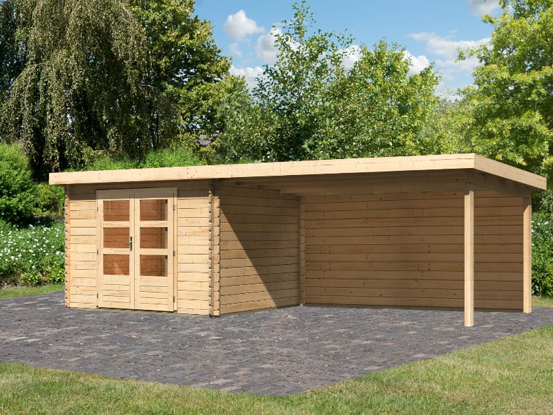 Karibu Gartenhaus Bastrup 5 mit Anbaudach 4 Meter inkl. Rückwand