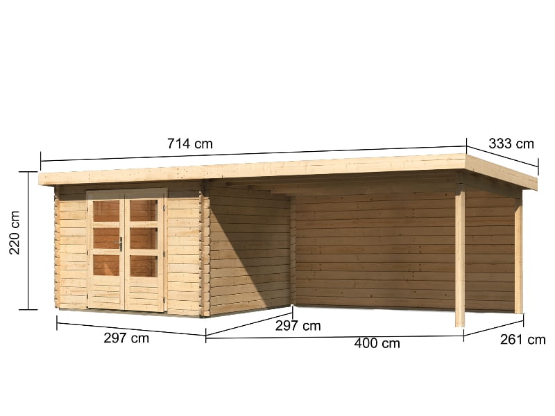 Karibu Gartenhaus Bastrup 5 mit Anbaudach 4 Meter inkl. Rückwand