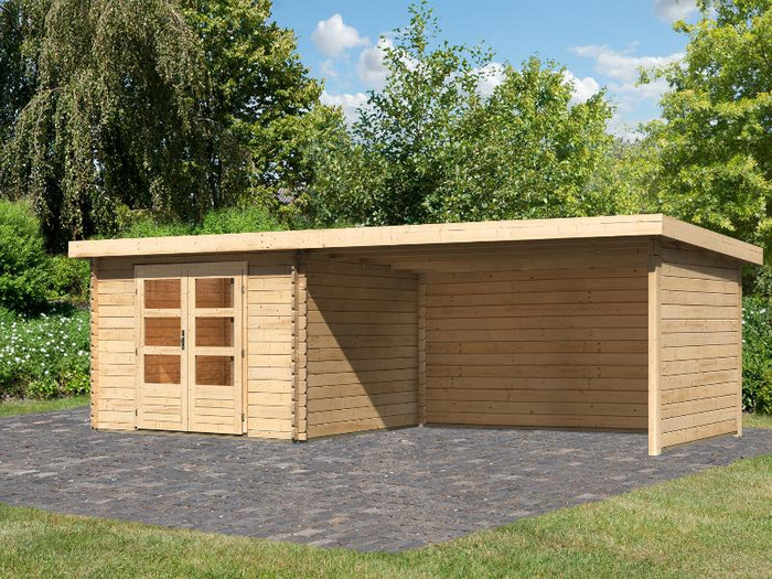 Karibu Gartenhaus Bastrup 5 mit Anbaudach 4 Meter inkl. Rück- und Seitenwand