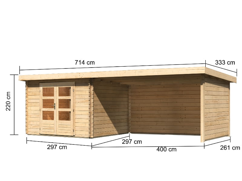 Karibu Gartenhaus Bastrup 5 mit Anbaudach 4 Meter inkl. Rück- und Seitenwand