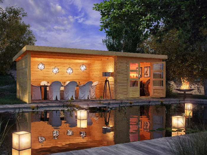 Karibu Gartenhaus Bastrup 5 mit Anbaudach 4 Meter inkl. Rück- und Seitenwand