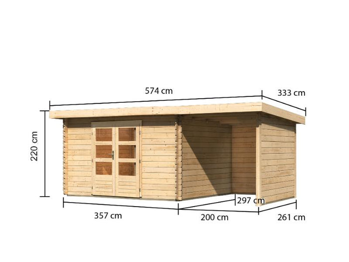 Karibu Gartenhaus Bastrup 7 mit Anbaudach 2 Meter, Rück- und Seitenwand
