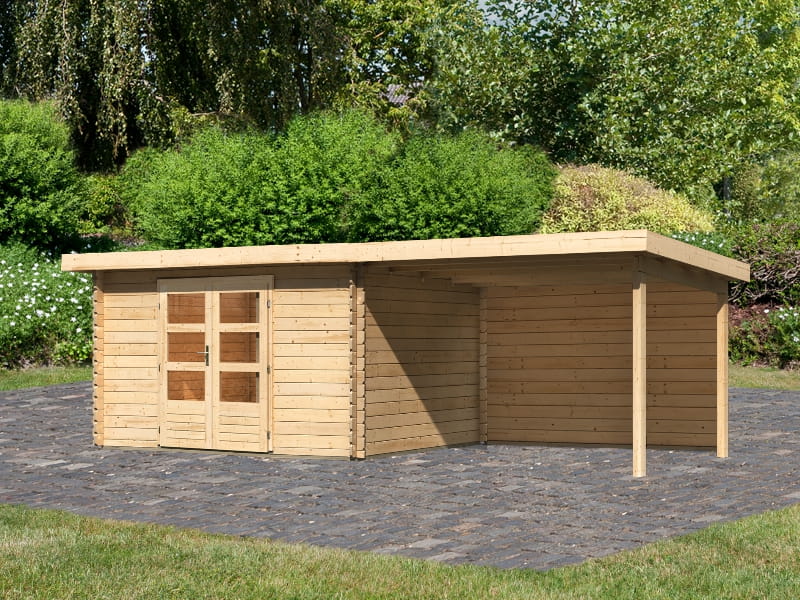 Karibu Gartenhaus Bastrup 7 mit Anbaudach 3 Meter inkl. Rückwand natur
