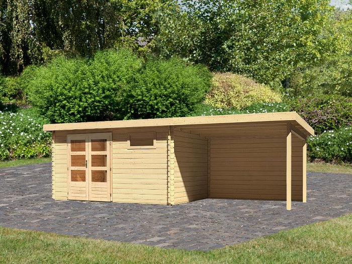 Karibu Gartenhaus Bastrup 8 mit Anbaudach 3 Meter inkl. Rückwand natur
