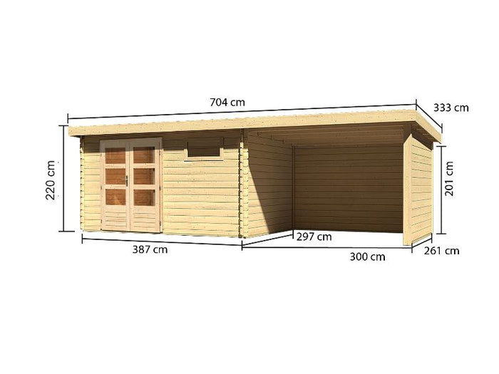 Karibu Gartenhaus Bastrup 8 mit Anbaudach 3 Meter, Rück- und Seitenwand