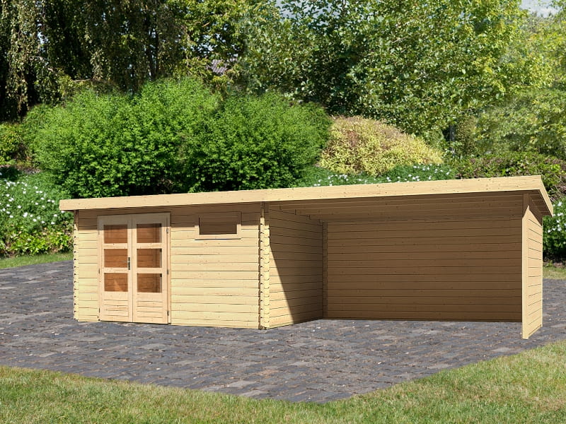 Karibu Gartenhaus Bastrup 8 mit Anbaudach 4 Meter inkl. Rück- und Seitenwand