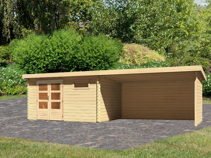 Karibu Gartenhaus Bastrup 8 mit Anbaudach 4 Meter inkl. Rück- und Seitenwand