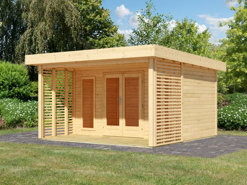 Karibu Gartenhaus Chione, natur 38 mm, inkl. überdachter Terrasse