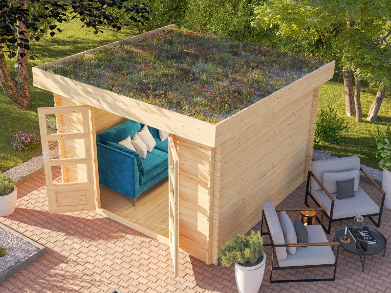 Karibu Gartenhaus Flora 3 natur, inkl. selbstklebende Dachbahn, Vlies und Wurzelschutzfolie (für Dac