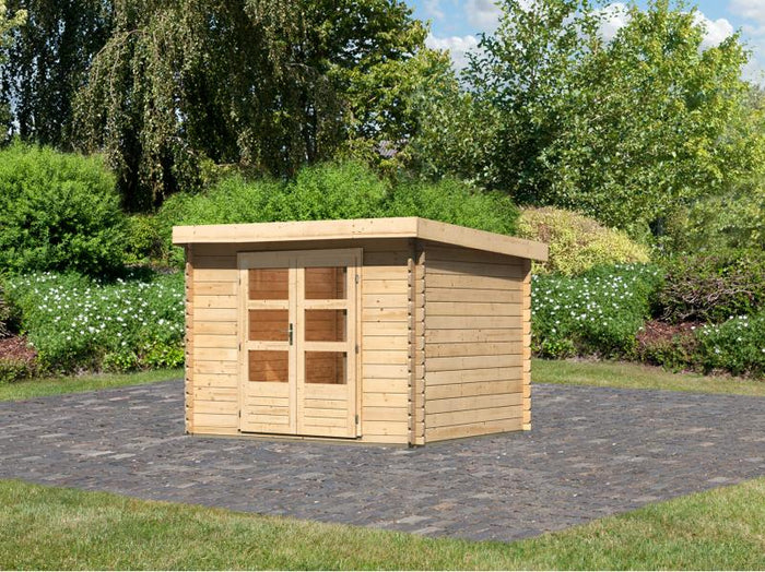 Karibu Gartenhaus Flora 3 natur, inkl. selbstklebende Dachbahn, Vlies und Wurzelschutzfolie (für Dac