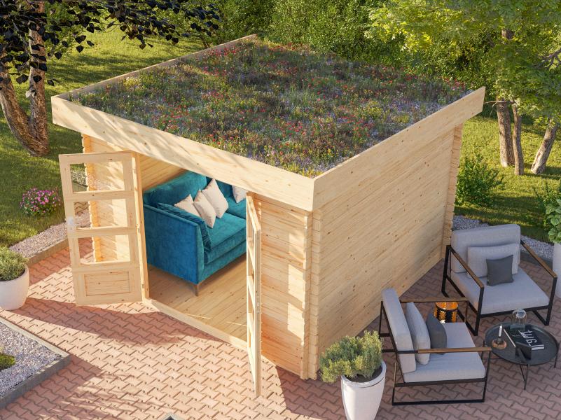 Karibu Gartenhaus Flora 5 natur,inkl. selbstklebende Dachbahn, Vlies und Wurzelschutzfolie (für Dach