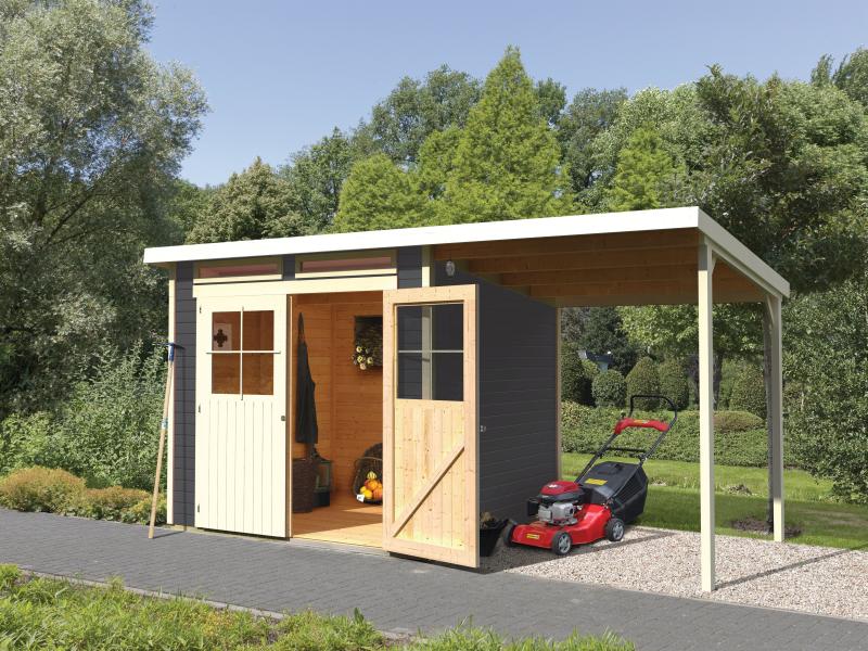 Karibu Gartenhaus Glücksburg 4 in terragrau mit Anbaudach 1,90 Meter