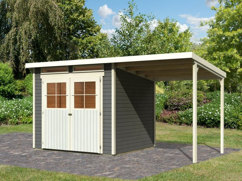 Karibu Gartenhaus Glücksburg 4 in terragrau mit Anbaudach 1,90 Meter