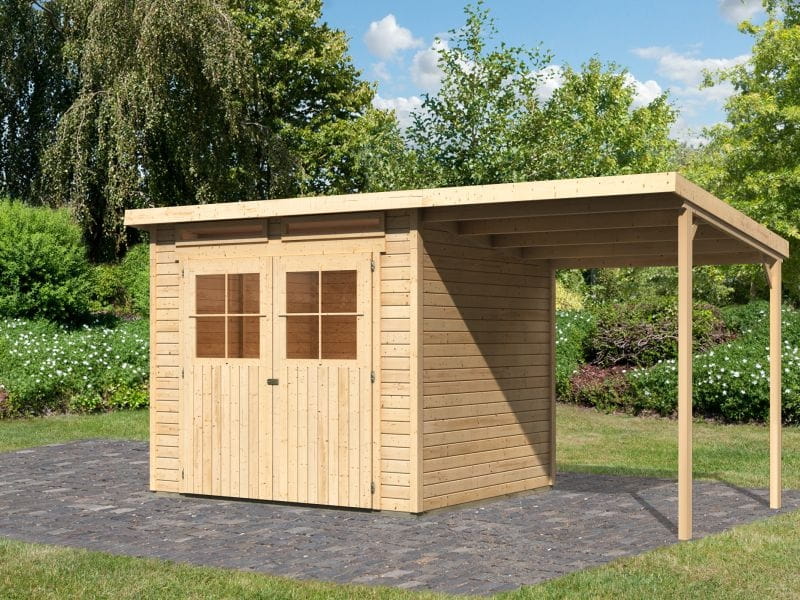 Karibu Gartenhaus Glücksburg 4 natur mit Anbaudach 1,90 Meter