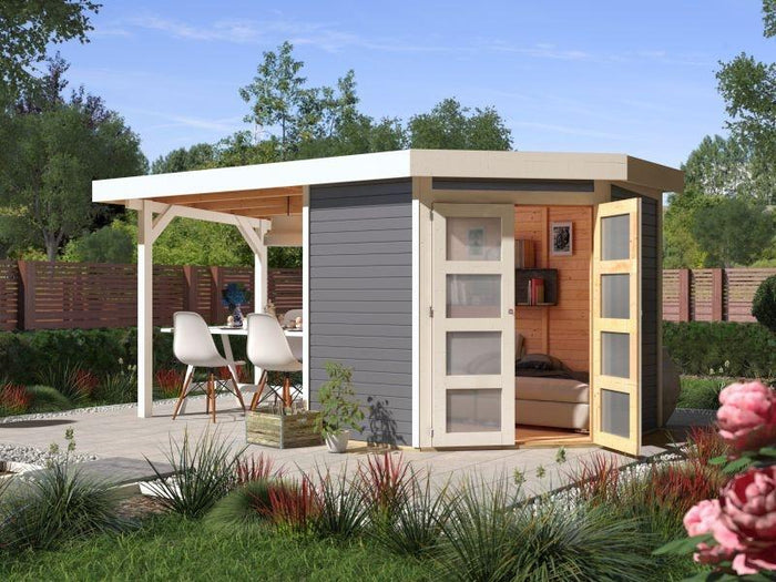 Karibu Gartenhaus Goldendorf 3 terragrau 19 mm mit Anbaudach 2,20 m