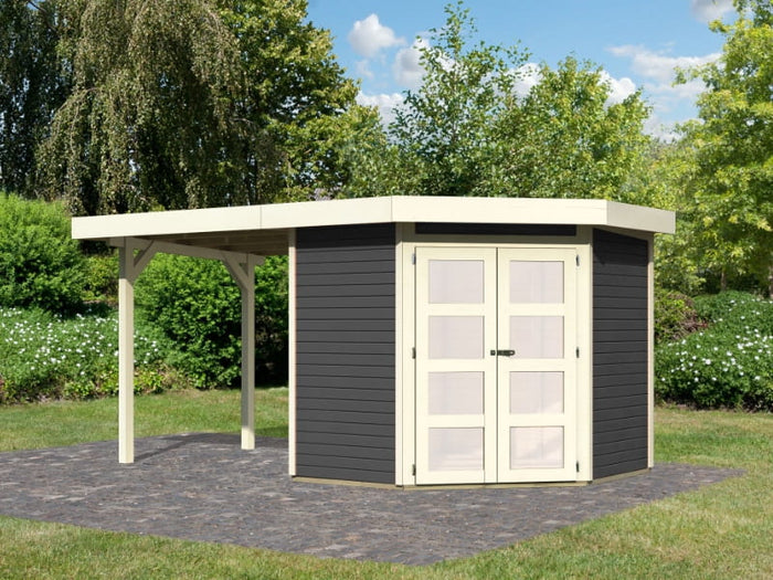 Karibu Gartenhaus Goldendorf 3 terragrau 19 mm mit Anbaudach 2,20 m