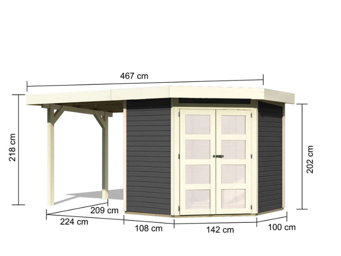 Karibu Gartenhaus Goldendorf 3 terragrau 19 mm mit Anbaudach 2,20 m