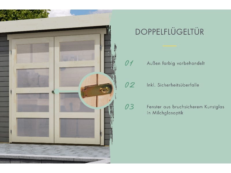 Karibu Gartenhaus Goldendorf 3 terragrau 19 mm mit Anbaudach 2,20 m