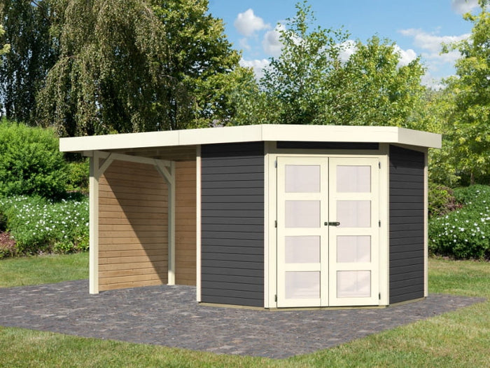 Karibu Gartenhaus Goldendorf 3 terragrau 19 mm mit Anbaudach 2,40 m, Seiten- und Rückwand