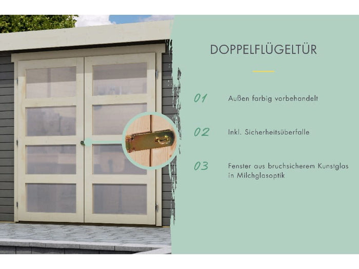 Karibu Gartenhaus Goldendorf 3 terragrau 19 mm mit Anbaudach 2,40 m, Seiten- und Rückwand