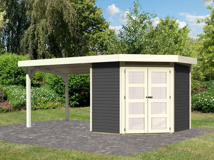 Karibu Gartenhaus Goldendorf 3 terragrau 19 mm mit Anbaudach 2,80 m