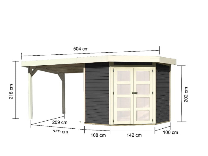 Karibu Gartenhaus Goldendorf 3 terragrau 19 mm mit Anbaudach 2,80 m