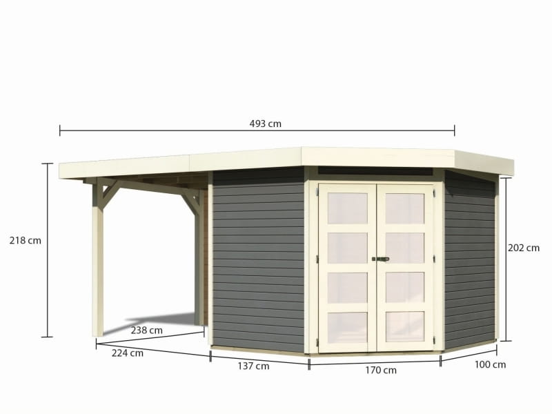 Karibu Gartenhaus Goldendorf 5 terragrau 19 mm mit Anbaudach 2,40 m und Rückwand
