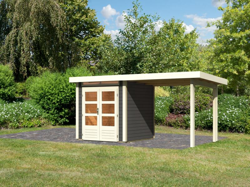 Karibu Gartenhaus Kandern 1 mit Anbaudach 2,35 m, terragrau