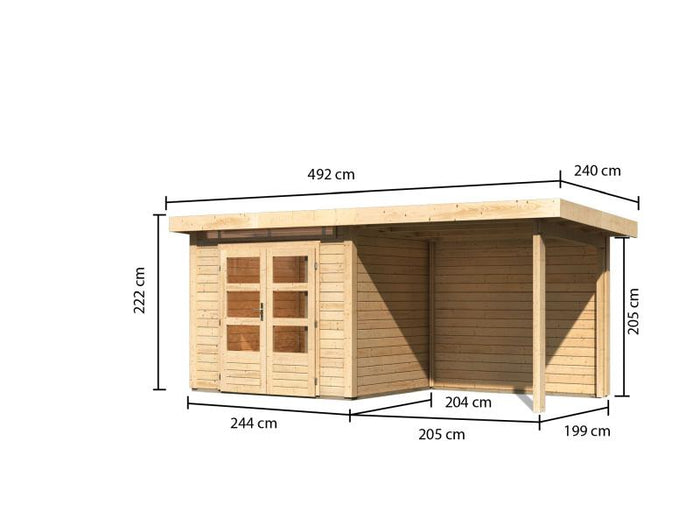 Karibu Gartenhaus Kandern 2 natur mit Anbaudach 2,35 m inkl. Rückwand