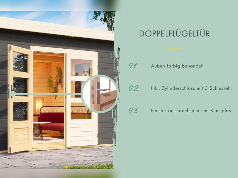 Karibu Gartenhaus Kandern 3 mit Anbaudach 2,35 m, terragrau