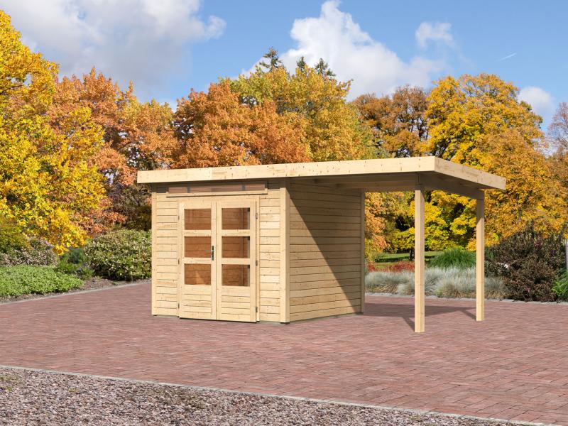Karibu Gartenhaus Kandern 3 natur mit Anbaudach 2,35 m inkl. Rückwand