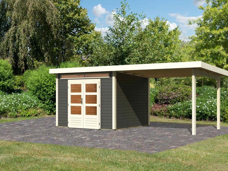 Karibu Gartenhaus Kandern 6 in terragrau mit Anbaudach 3,2 Meter