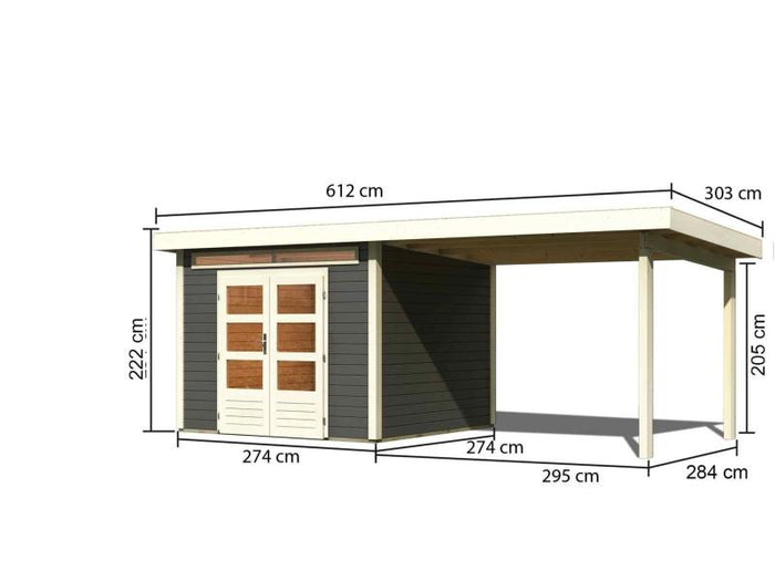 Karibu Gartenhaus Kandern 6 in terragrau mit Anbaudach 3,2 Meter