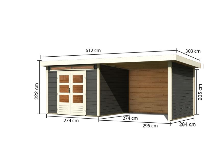 Karibu Gartenhaus Kandern 6 in terragrau mit Anbaudach 3,2 Meter inkl. Rück- und Seitenwand
