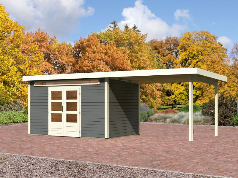 Karibu Gartenhaus Kandern 7 in terragrau mit Anbaudach 3,20 Meter