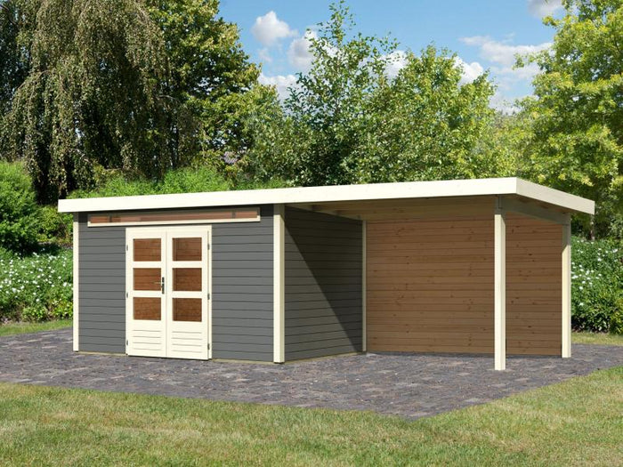 Karibu Gartenhaus Kandern 7 in terragrau mit Anbaudach 3,20 Meter inkl. Rückwand