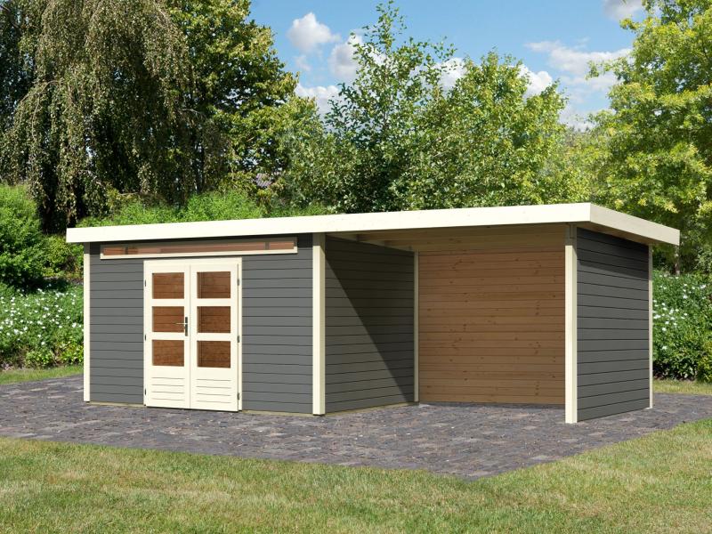 Karibu Gartenhaus Kandern 7 in terragrau mit Anbaudach 3,20 Meter inkl. Rück- und Seitenwand