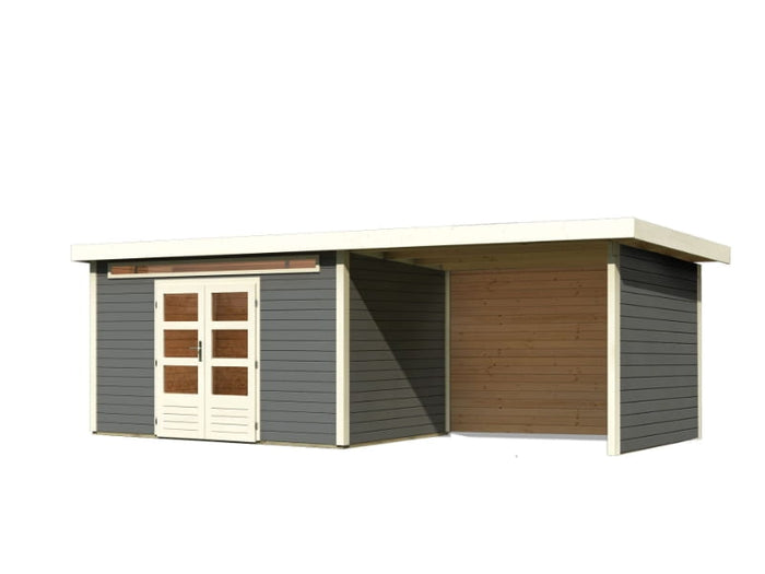 Karibu Gartenhaus Kandern 7 in terragrau mit Anbaudach 3,20 Meter inkl. Rück- und Seitenwand