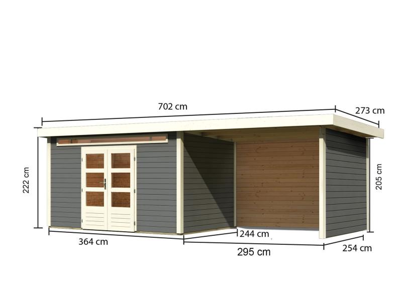 Karibu Gartenhaus Kandern 7 in terragrau mit Anbaudach 3,20 Meter inkl. Rück- und Seitenwand