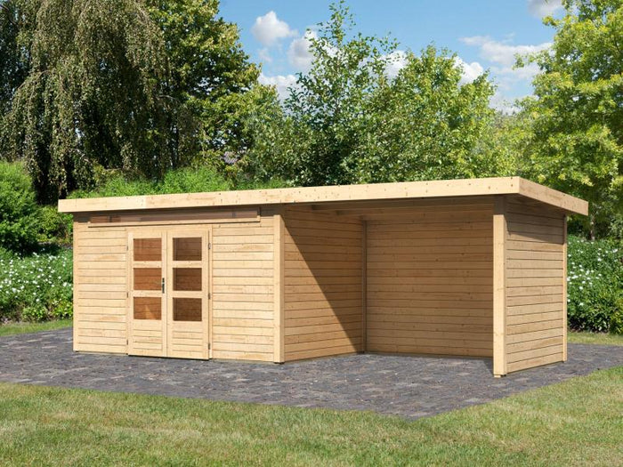 Karibu Gartenhaus Kandern 7 mit Anbaudach 2,95 Meter inklusive Rück-und Seitenwand