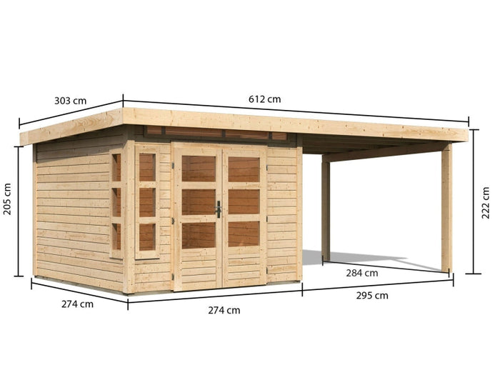 Karibu Gartenhaus Kastorf 6 - 28 mm natur mit Anbaudach 3,2 m