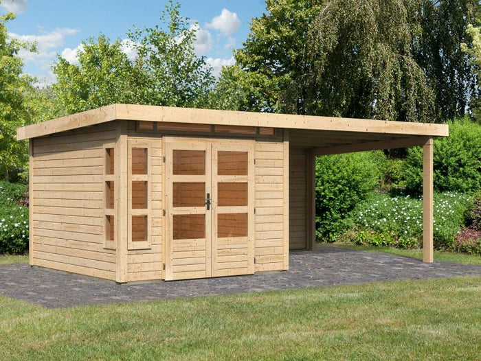 Karibu Gartenhaus Kastorf 6 - natur mit Anbaudach 3,2 m und 28 mm Rückwand