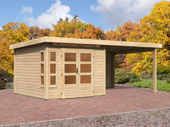 Karibu Gartenhaus Kastorf 6 - natur mit Anbaudach 3,2 m und 28 mm Rückwand