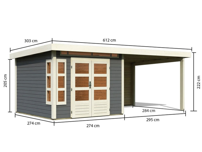 Karibu Gartenhaus Kastorf 6 - terragrau mit Anbaudach 3,2 m und 28 mm Rückwand