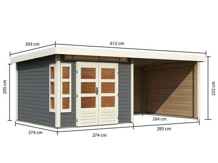 Karibu Gartenhaus Kastorf 6 - terragrau mit Anbaudach 3,2 m und 28 mm Seiten- und Rückwand