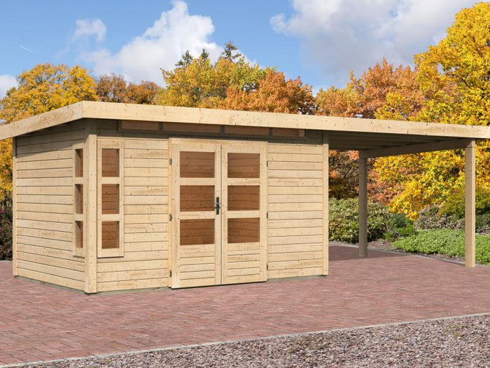 Karibu Gartenhaus Kastorf 7 - natur mit Anbaudach 3,2 m